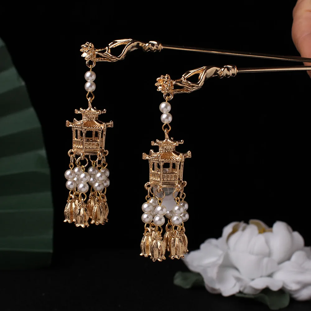 

Antique Chinese Palace Lantern jin nian Retro Lotus Flower Fringed Light Emitting Tassel Hanfu Hair Accessories for Women Girls