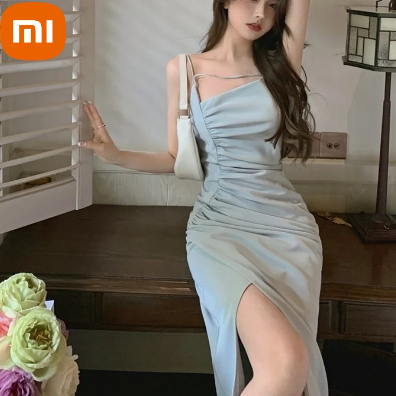

XIAOMI Summer Elegant Strap Dress Women Casual Vintage Temperament Korean Sweet Sexy Split Dress Designer Slim Party Long Dress