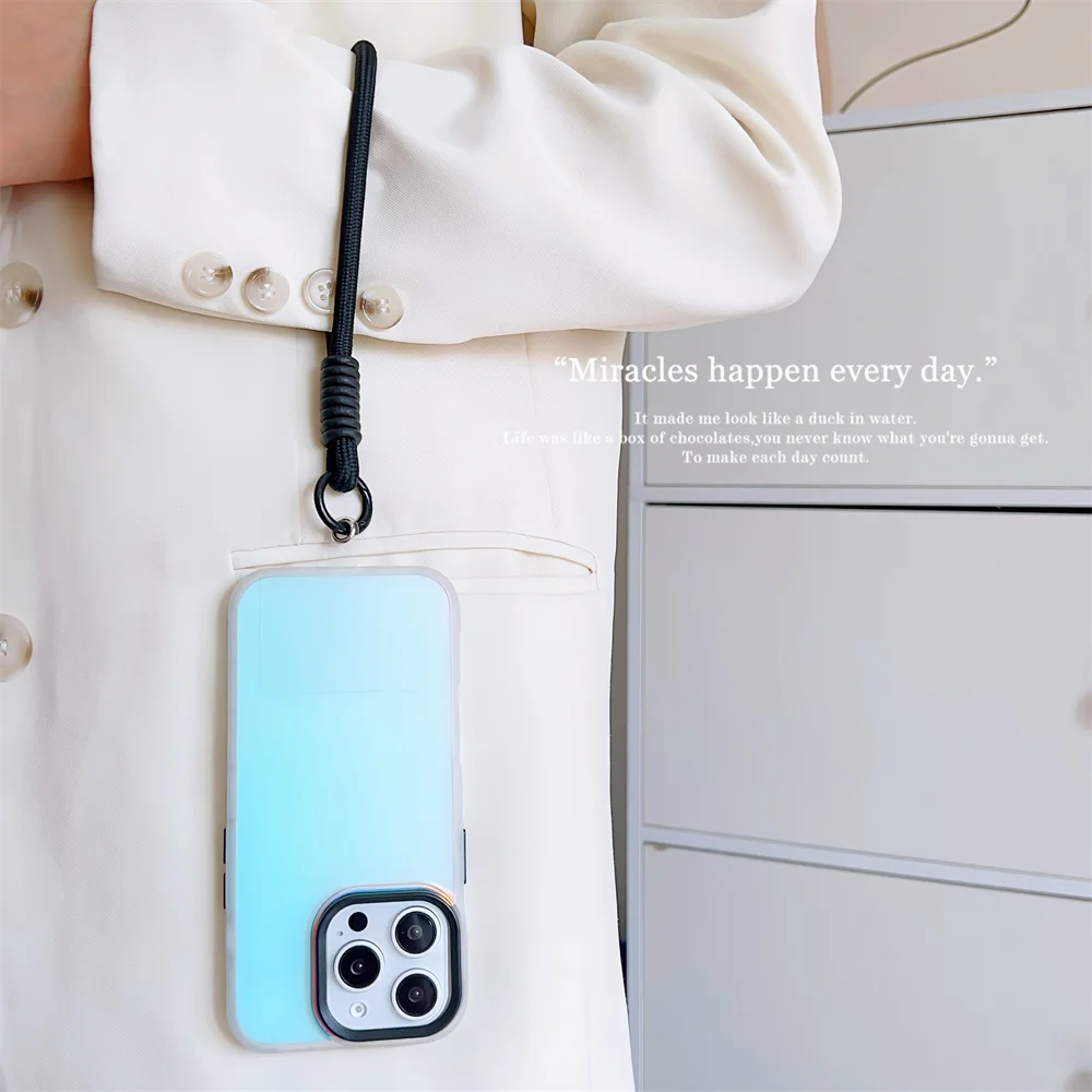 Luxury Wrist Strap Lanyard Aurora Gradient Matte Case for iPhone 16 12 11 15 14 13 Pro Max Plus Laser Shockproof Slim Cover
