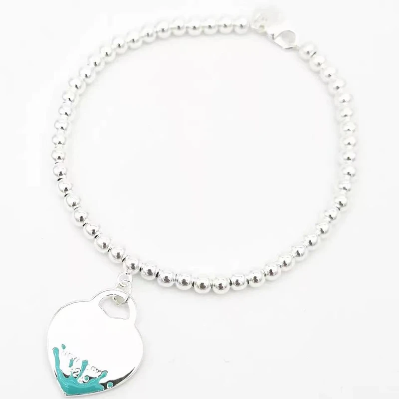 

Women's 100% 925 sterling silver classic 4mm round beads green enamel splash heart pendant bracelet original brand holiday gift