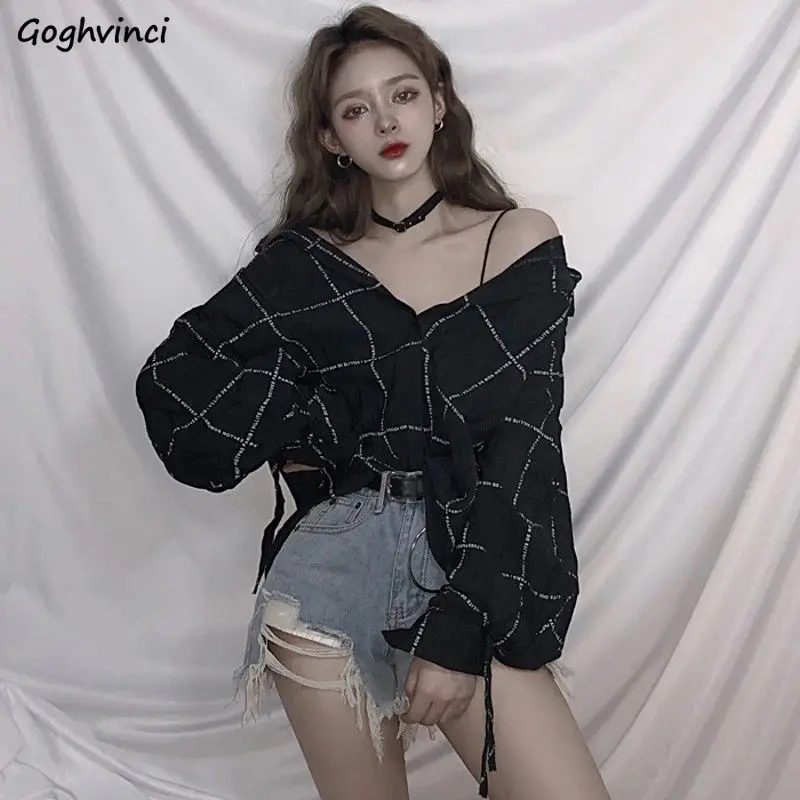 

Shirts Women V-Neck Loose Sexy Plaid All-match Chic Ulzzang New Arrival Spring Fashion Young College BF Cozy Mujer Popular Basic