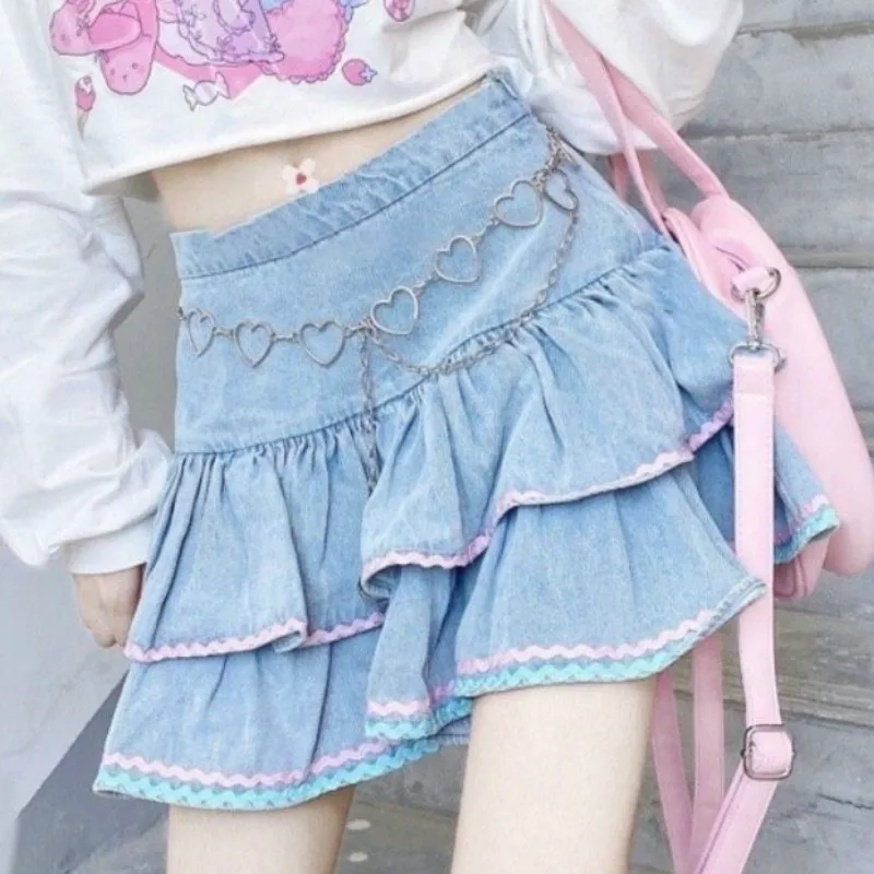 

Kawaii Lolita Style Mini Skirts Women Harajuku Cute Preppy Style Jk Denim Skirt Japanese Punk High Waist Tiered 90s Y2K Skirts