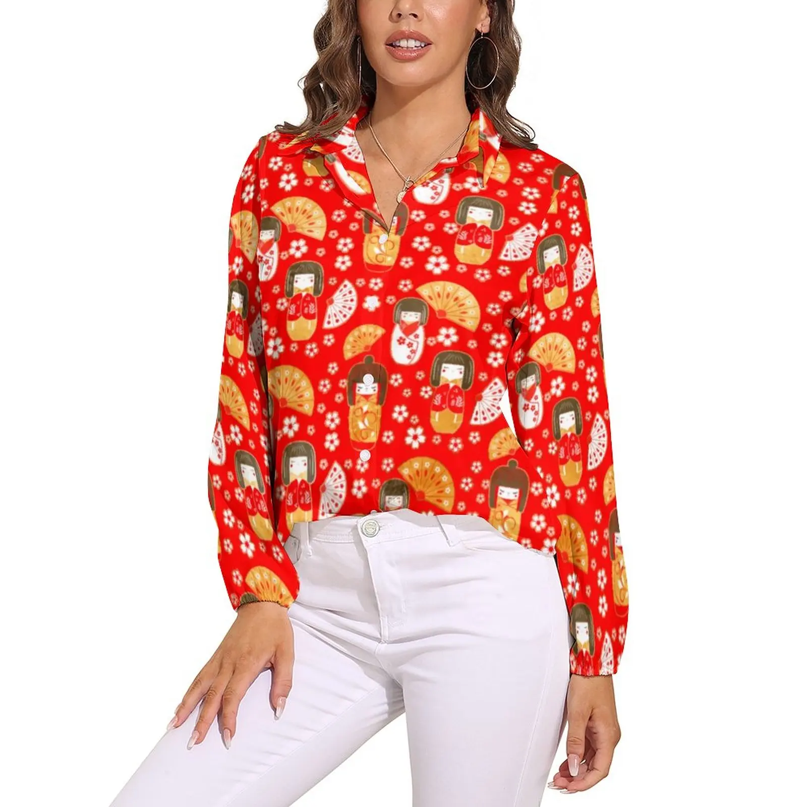 

Cute Japanese Anime Blouse Women Dolls Kokeshi Pattern Casual Loose Blouses Long Sleeve Vintage Shirt Print Top Big Size 2XL 3XL
