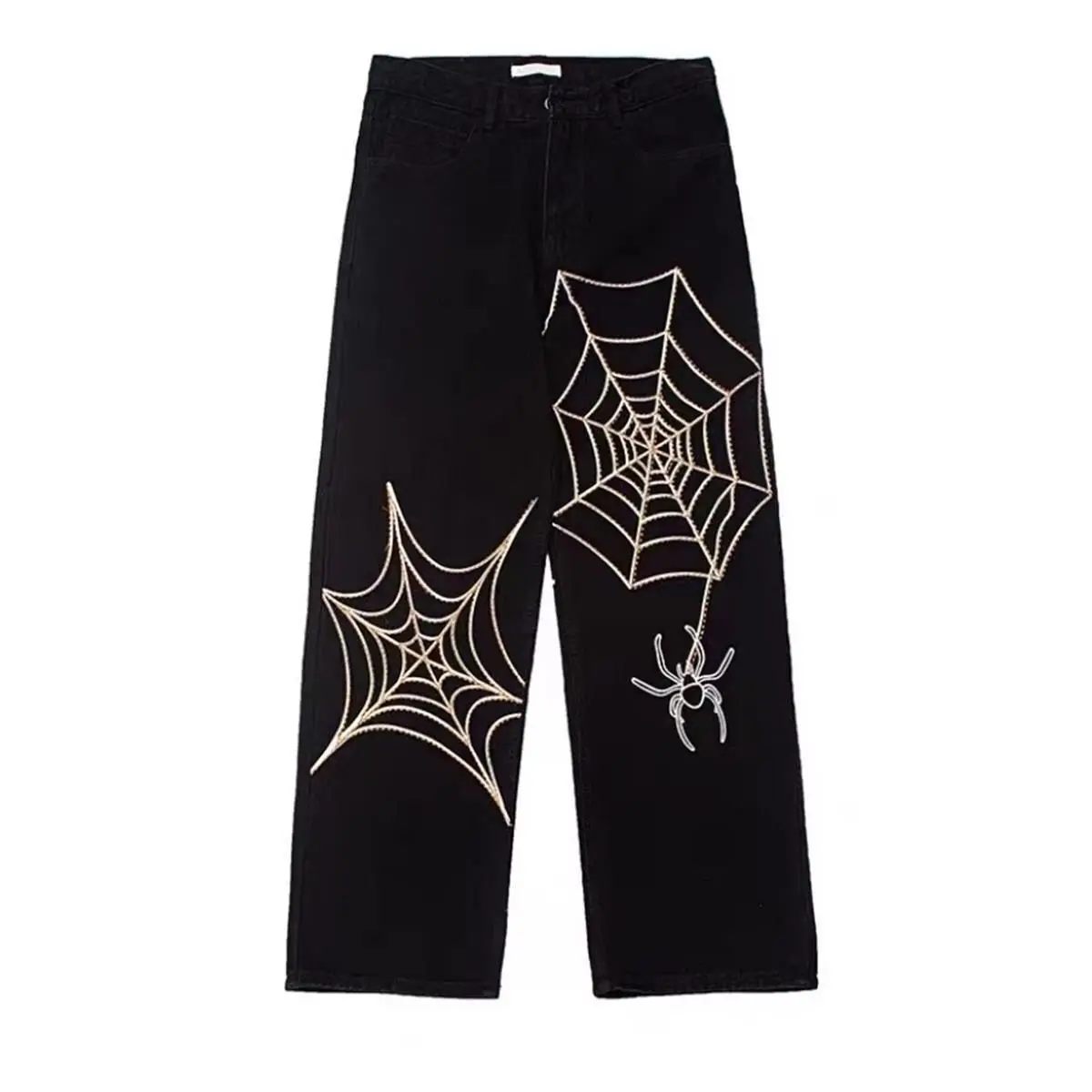 European and American High Street Fashion Brand Spider Web Print Loose Daddy Pants Men's American Street Straight jeans