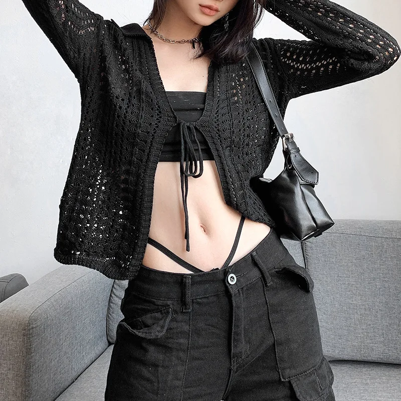 

Autumn Y2k Aesthetic Fashion Sexy Cropped Cardigan Turn Down Collar Korean Style Knit Cardigan Hollow Out Bandage Knit Cardigan