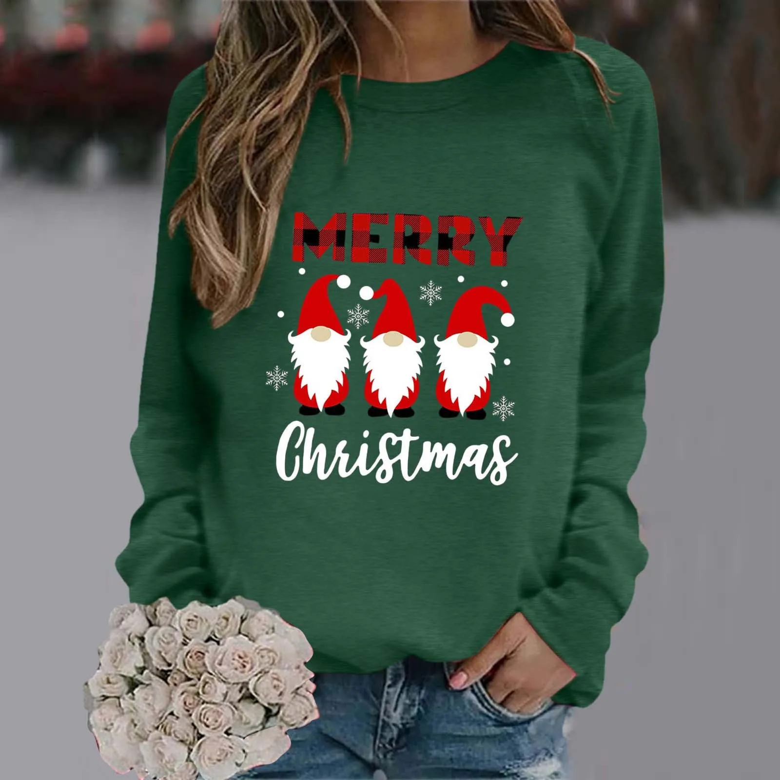 

Womens Autumn And Winter Christmas Print Hoodless Sweatshirt Long Sleeved Pullover Sweatshirt Drawstring Pullover