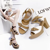 open toe ankle buckle strap women shoes summer block heel sandals casual high heels pumps colorblock soft sole stiletto