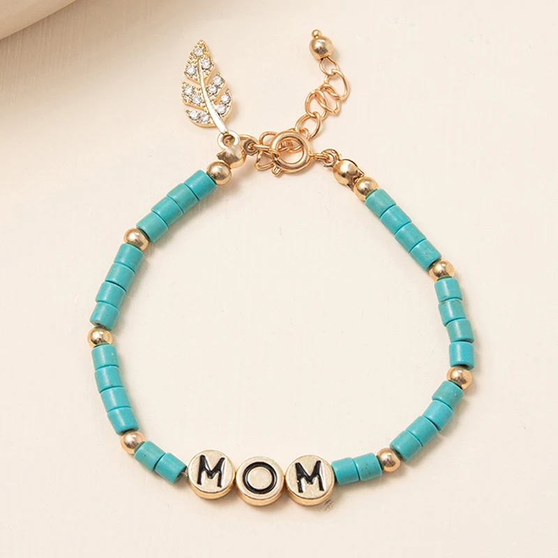 

Gold Mom Bracelet Mother's Day Jewelry Natural Green Agate Beaded Bangle Bohemian Fasnhion Cuff For Mama Handmade