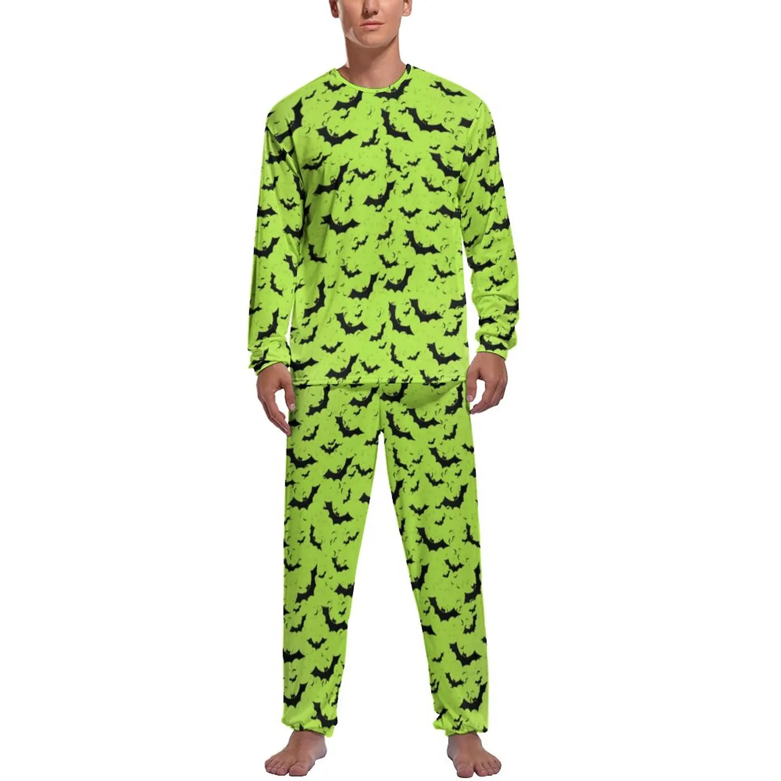 Black Bats Print Pajamas Men Halloween Gothic Cute Nightwear Spring Long Sleeves 2 Pieces Sleep Design Pajamas Set