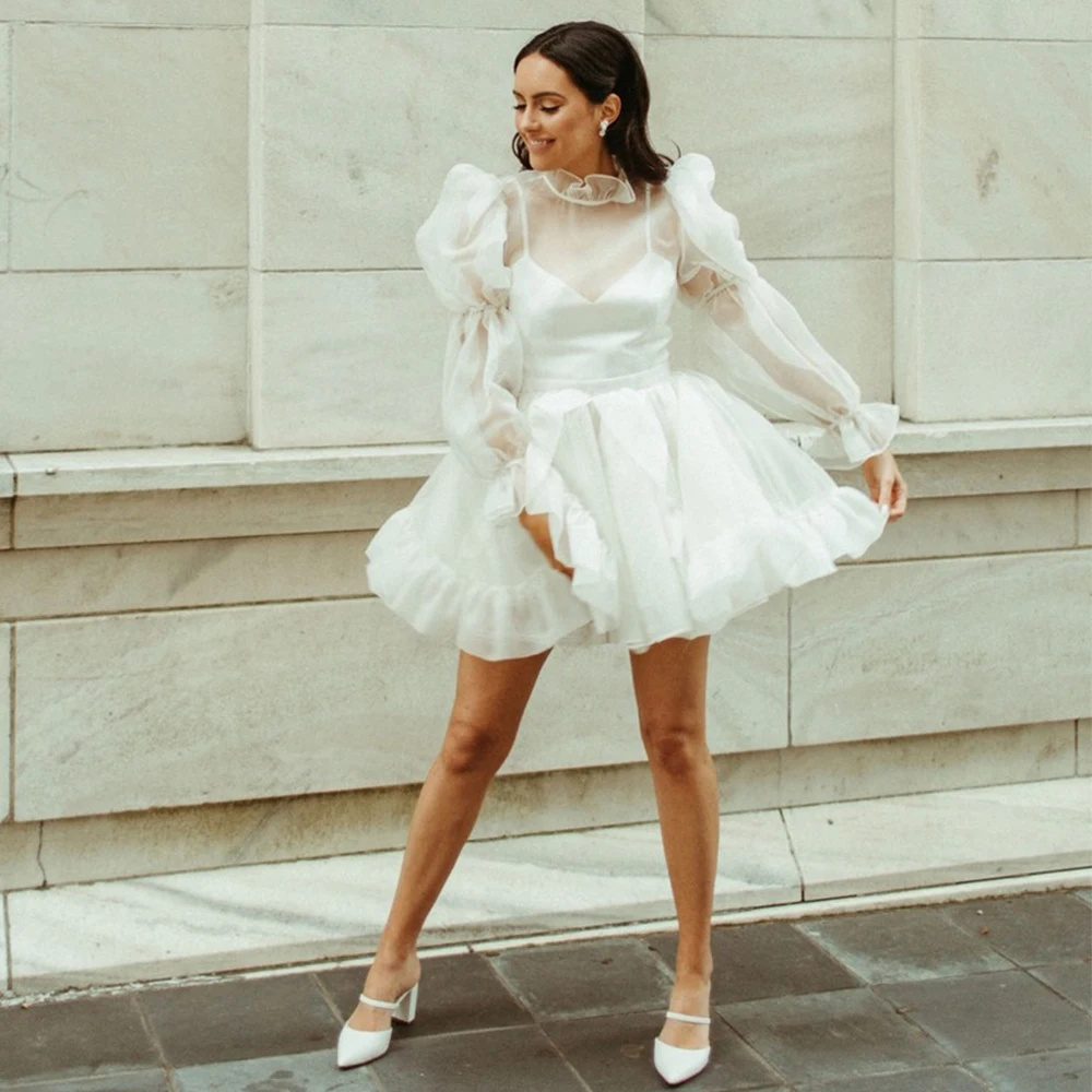 

Mini Wedding Dress Custom Made Long Bishop Sleeves Simple Wedding Gown High Neck Organza Princess Transparent Bridal Gowns Short