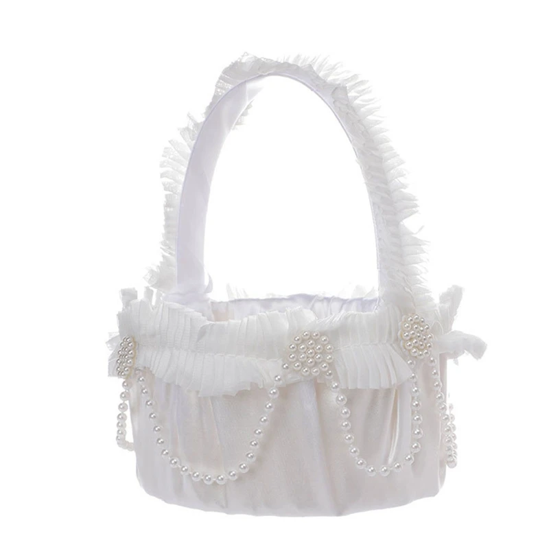 

Small Satin Flower Girl Baskets with Handle Lace & Pearls for Wedding Ceremony