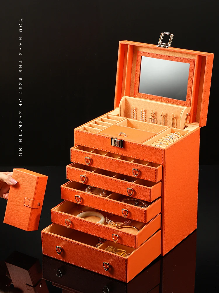 Luxury Multi Layer Jewelry Storage Box Organizer Large Capacity Jewelry Storage Box Organizer for Girl with Lock Genuine Leather