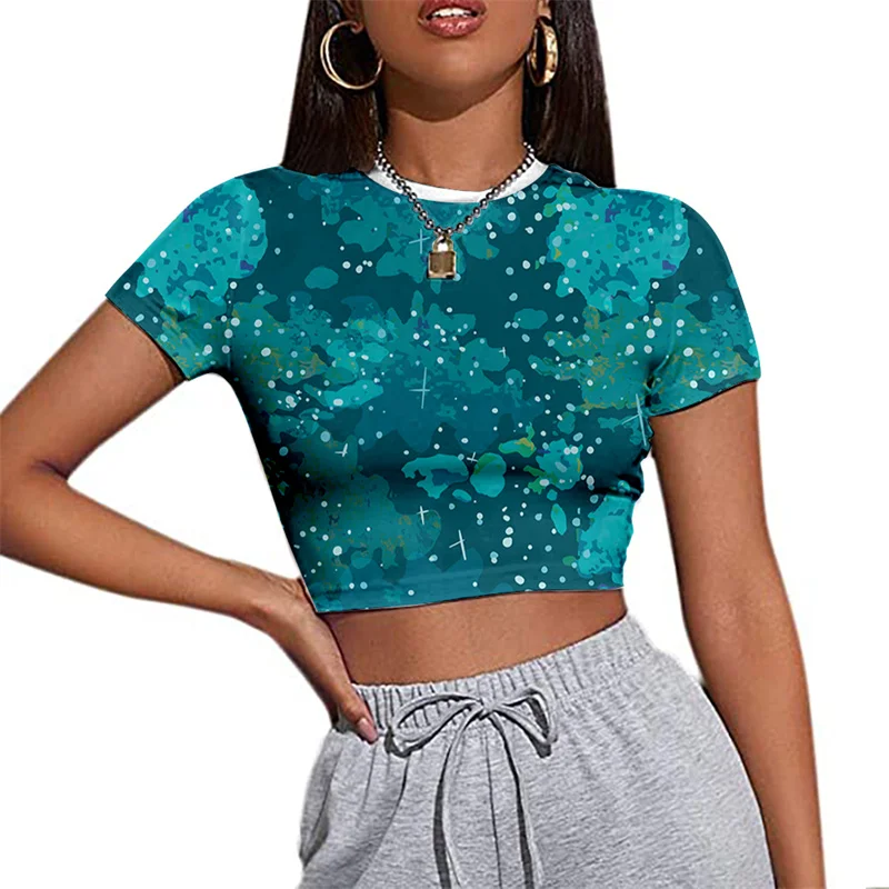 

Summer Women Top Sexy Midriff-baring T-shirt Sling Crop Short Sleeve Casual Clothes Print Comfortable Simple Style