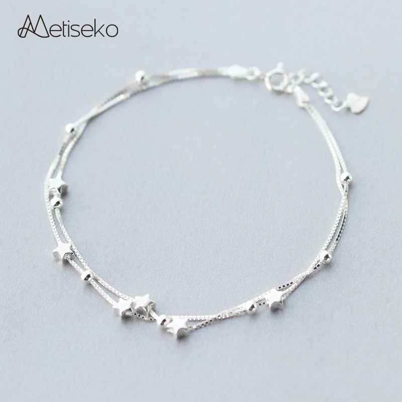 

Metiseko 925 Silver Stars & Round Beads Anklet Double Layers Pure Silver Fashion Anklet Fine Jewelry for Women Girls Party Beach