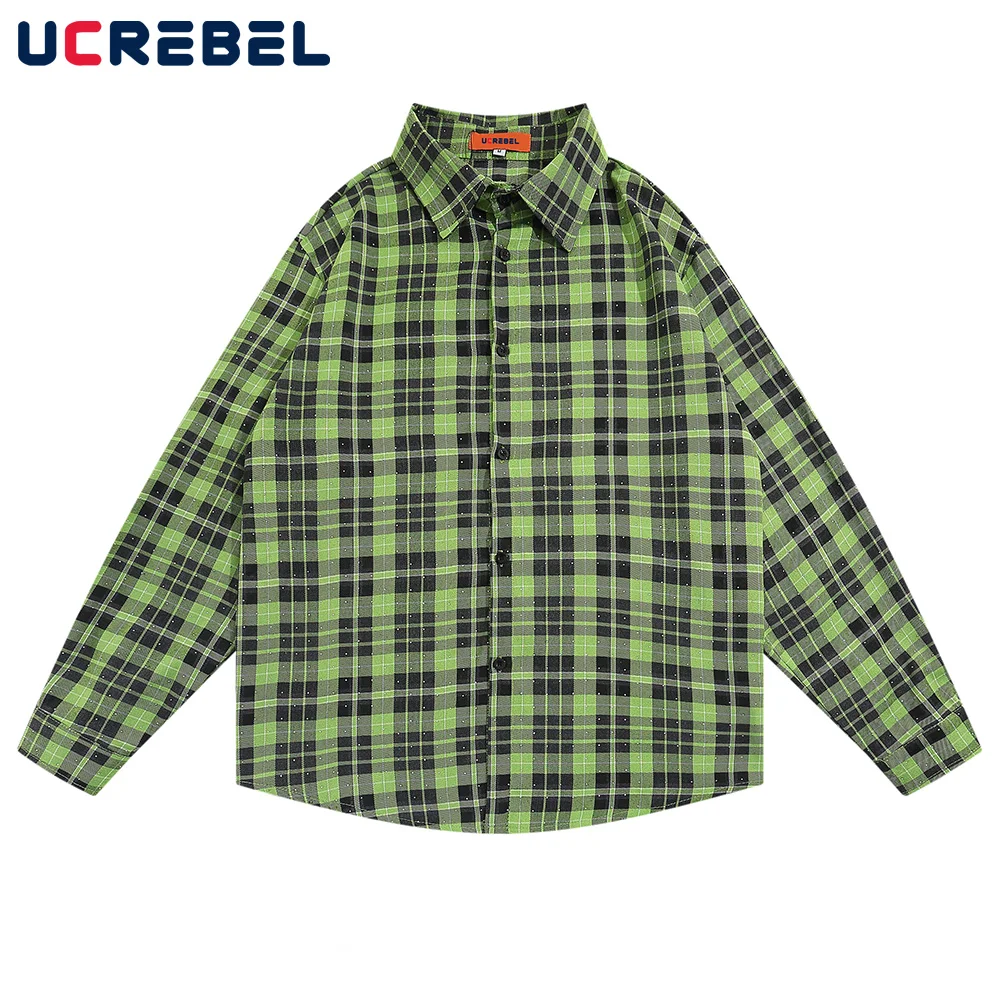 

Plaid Print Shirt Mens Harajuku Loose Long Sleeved Top Autumn Streetwear Rhinestone Casual Lapel Shirts Men