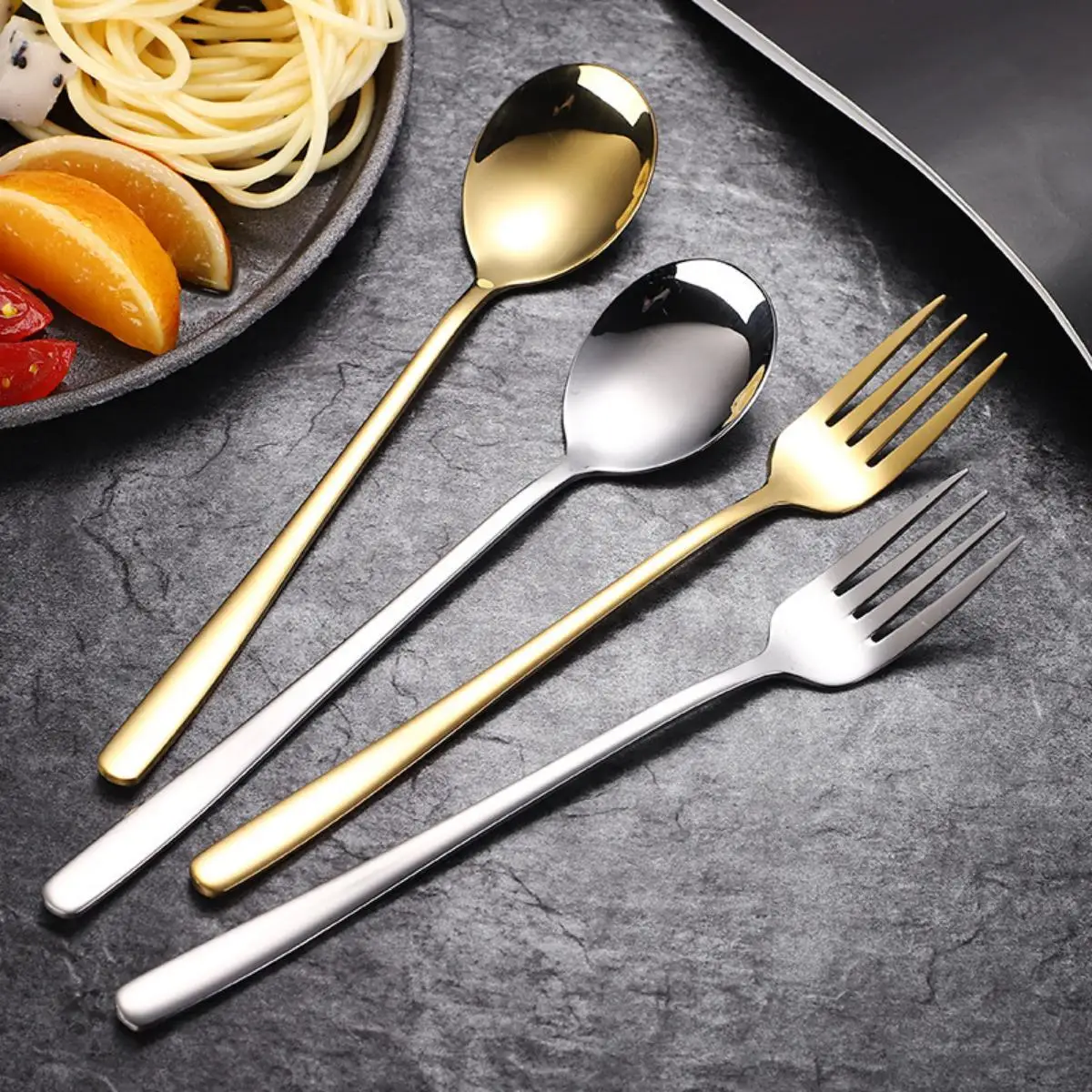 

New 304 stainless steel long handle cutlery gold and silver spoon fork cutlery ins wind dessert home western spoon fork