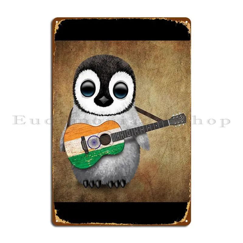 Детский пингвин играющий индийский флаг гитара металлический знак винтажный