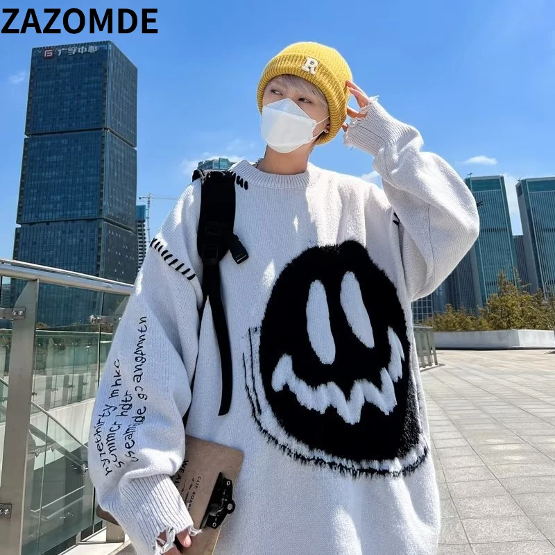 

Свитер ZAZOMDE мужской в стиле хип-хоп, уличная одежда, смешной свитер со смайликом, вязаный свободный свитер в стиле хип-хоп, Зимний пуловер в с...