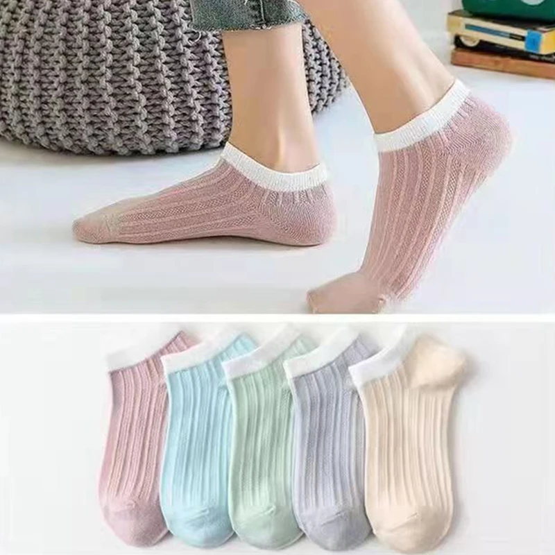 

5Pairs Summer Ultra-thin Woman Socks Breathable Invisible Anti Friction Ankle Socks Cute Kawaii Stripes Sock for Lady Girls