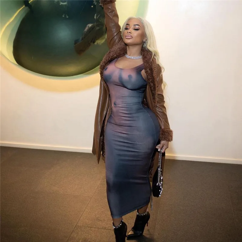 

European And American Autumn 2022 Women's New Sexy Slim Dress With Low Neck Print And High Waist