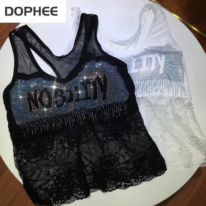 

Beautiful Back Hot Drilling Women Camisole Back Hollow Out Vests Patchwork Lace Cropped Tops Trendy Ice Silk Cotton Tube Top