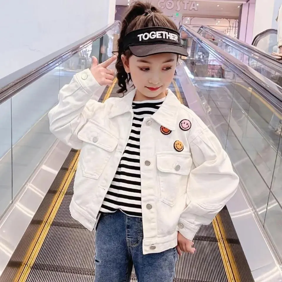 

New 2022 Quality Cotton Denim Baby Girl Jacket Outwear Spring Autumn Cartoon Smile Design Kids Coats For Girls 4 6 8 10 12 Yrs
