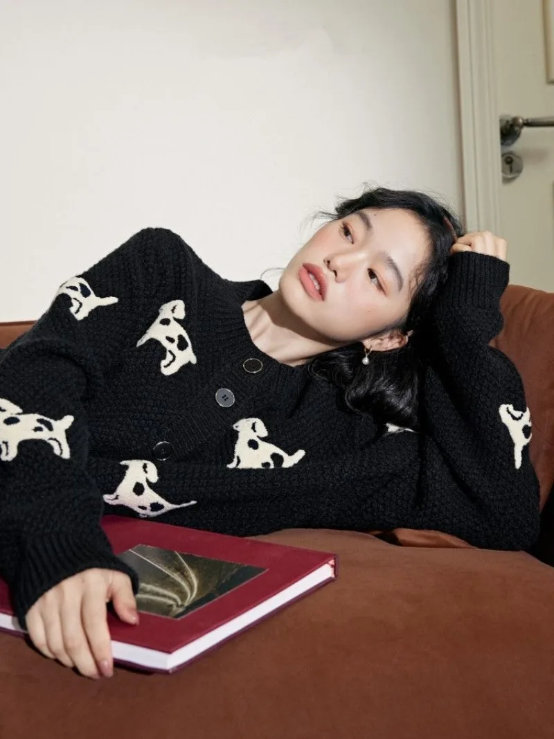 Y2k свободный кардиган черная собака вязаные пальто короткие милые свитера на