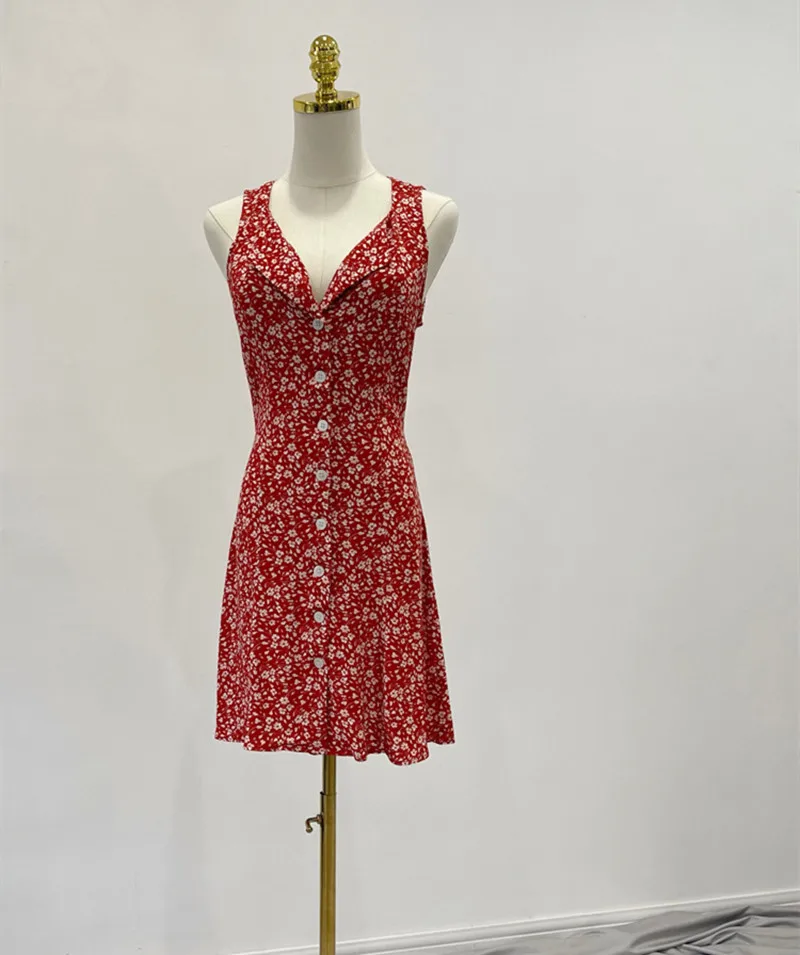 

Women V-Neck Floral Print Mini Dress Dress Retro Single Breasted Simple Slim Waist Sleeveless Short Robe 2022 New