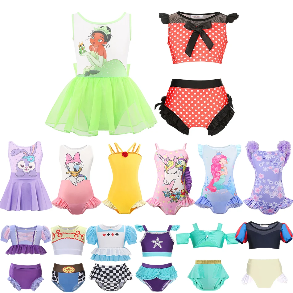 Exclusive Princess Girl Swimsuit Falbala Minnie Mickey Mouse Kid Swimwear Summer Bikini Bathing Suit One/Two-piece Beach Clothes