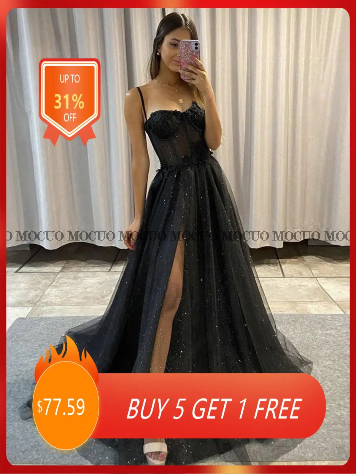 

Black Glitter A Line Tulle Prom Dresses Spaghetti Straps Sweetheart Straps Side Slit 3D Flowers Long Evening Gowns