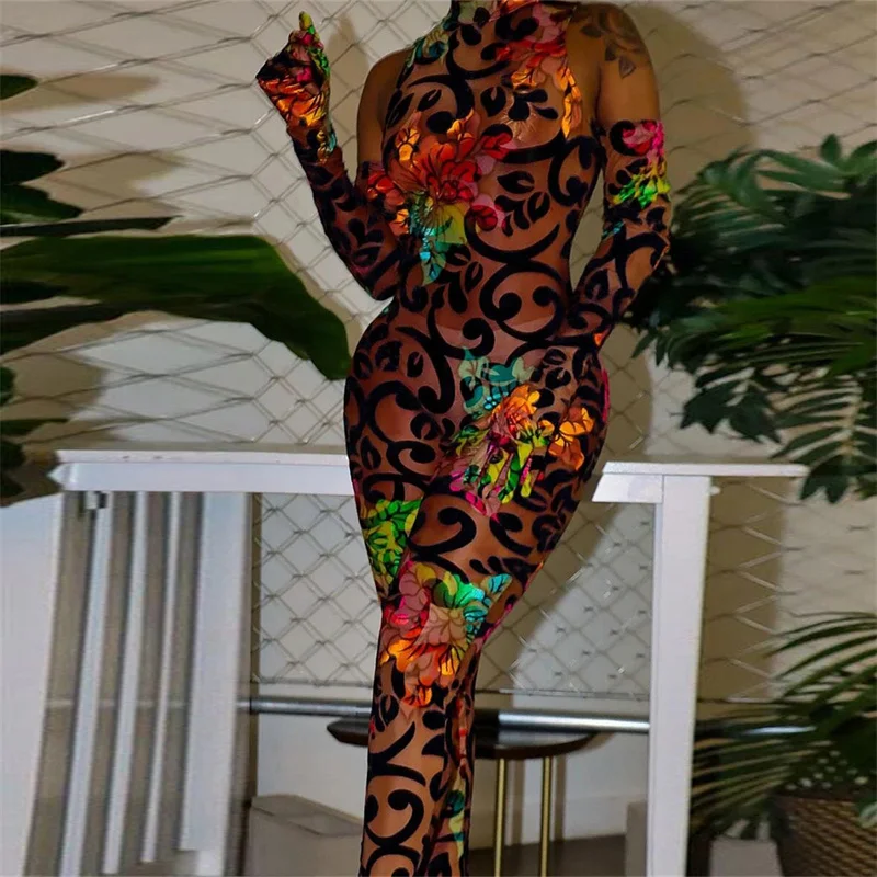 

Znaiml 2023 Stretchy Bodycon Party Club Romper Midnight Women Floral Print Sheer Mesh Jumpsuit with Gloves One Pieces Overalls
