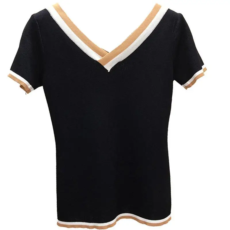 2022 Summer V-Neck T Shirt Women Tshirt Contrast Color Striped Knitted  Top T-Shirt Woman Clothes Tee Shirt Femme