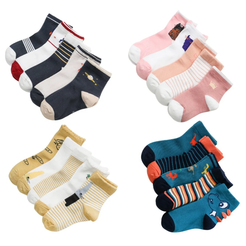 5 Pairs/Lot Autumn Winter Warm Baby Children Socks Solid Color Cotton Girls Boys Mid Socks Kids printing Sports Socks 1-12 Years