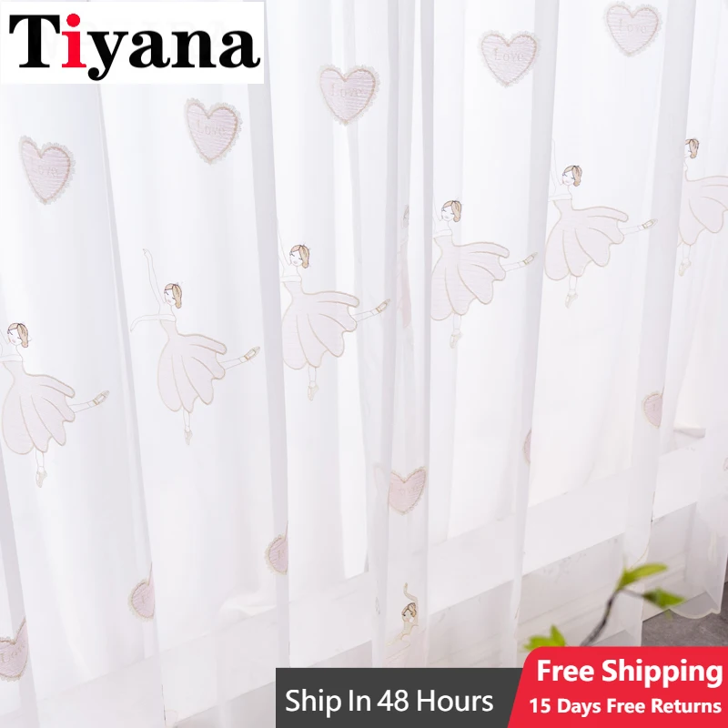 

Children Cartoon Ballet Girl Embroidered Sheer Tulle Curtains For Kids Bedroom Kitchen Window Drapes Living Room Tulle Curtains