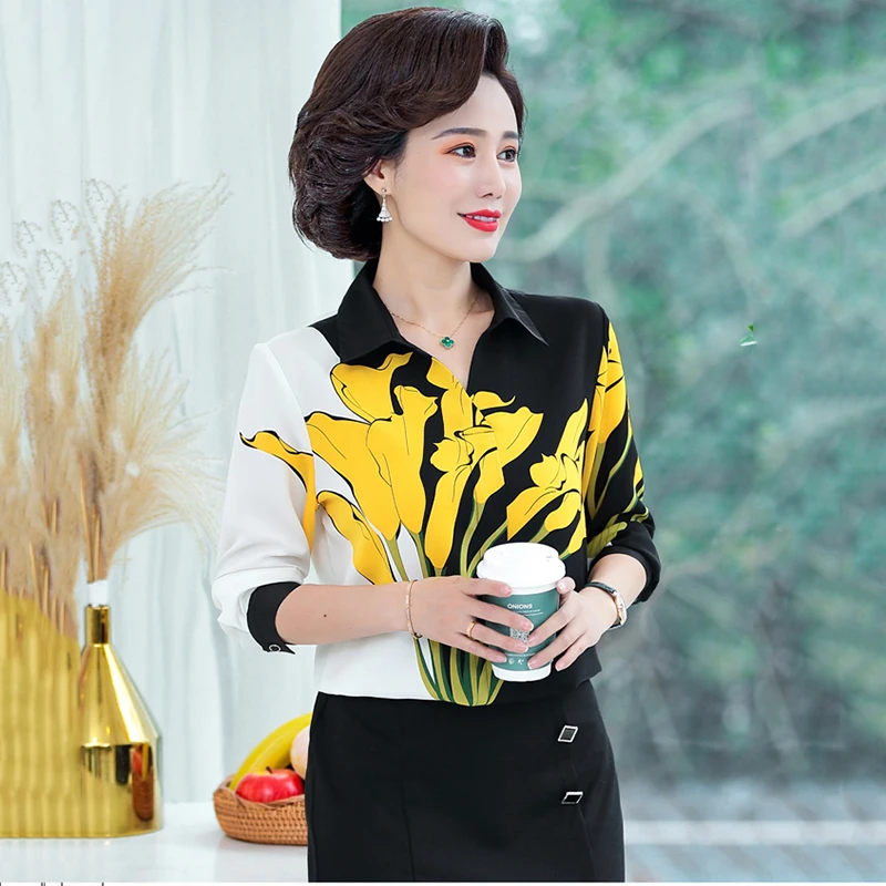 

Fashion Elegant 3/4 Sleeve Loose Chiffon Two piece set Women's Clothing Casual All-match Printed Spliced Polo-Neck Suit Female