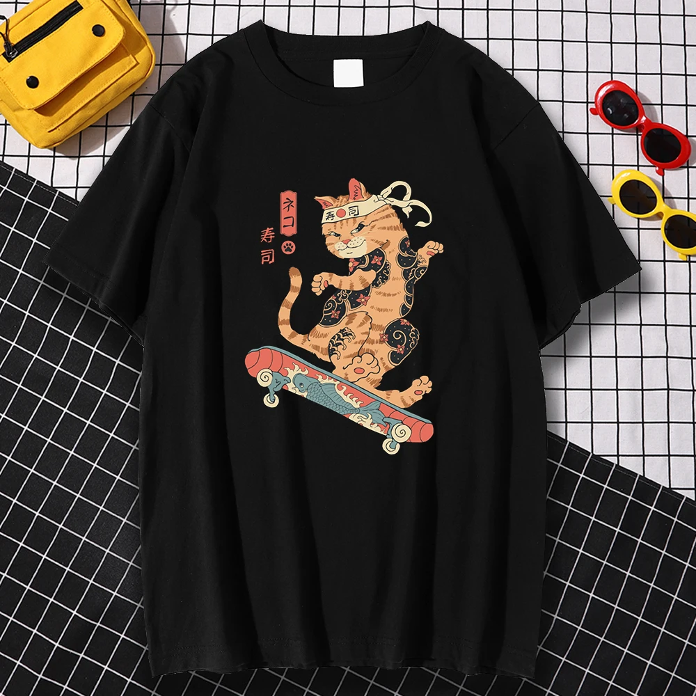 

T shirts Cool Catana Play skateboard Ukiyoe Oversize Top Woman Casual Loose Streetwear Tee Man Hip Hop Black Tee Harajuku Tshirt