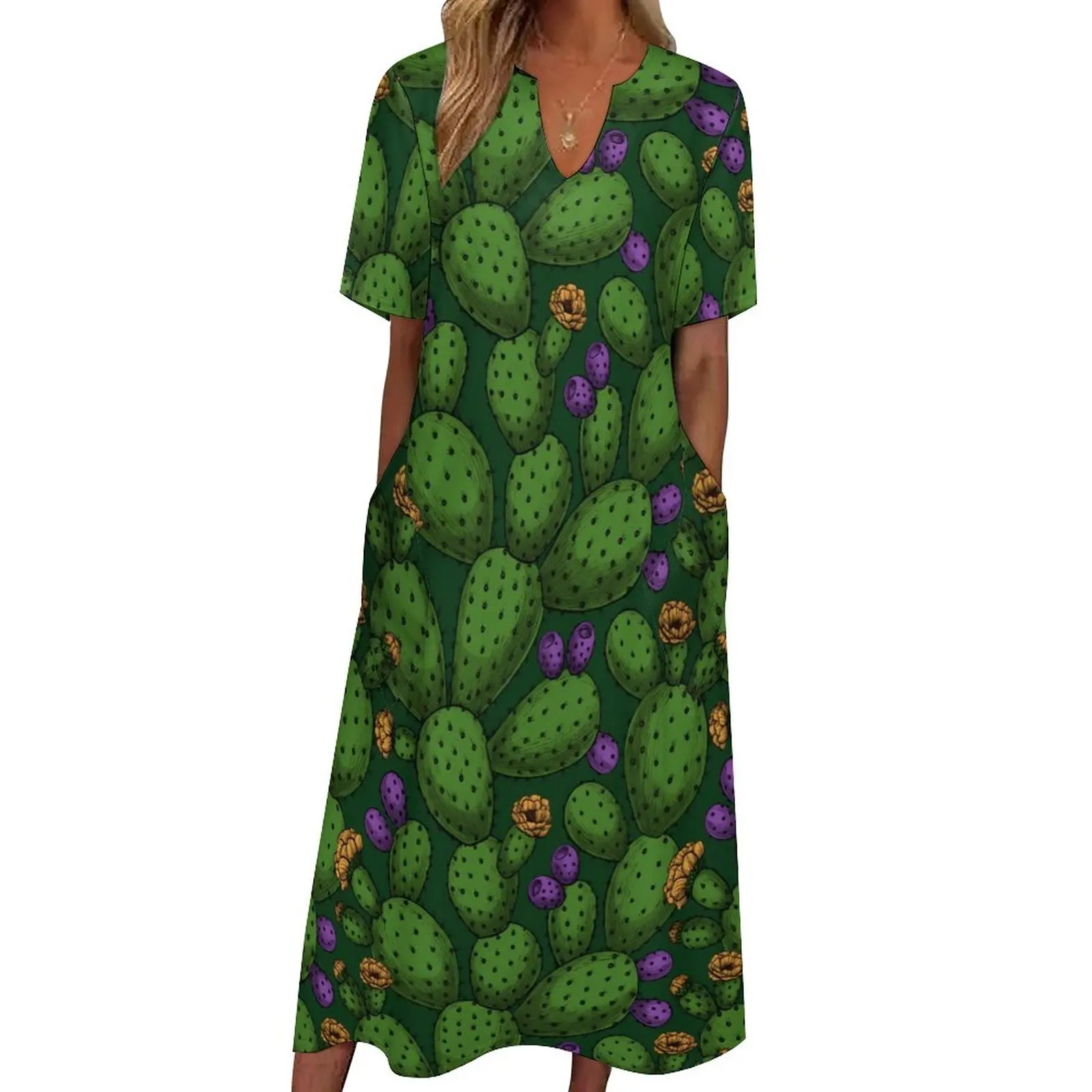 

Cactus Print Dress Flowering Opuntia Vintage Maxi Dress Street Wear Boho Beach Long Dresses Summer V Neck Design Vestidos