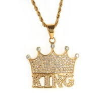 iced out bling crown letter king pendant necklace for men gold color stainless steel cz hip hop mens jewelry dropshipping