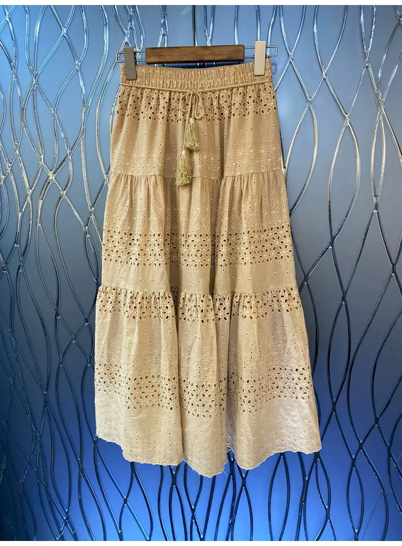

New 2022 Autumn Long Skirts High Quality Ladies Elastic Waist String Tassel Deco A-Line Casual Khaki White Green Black Skirts