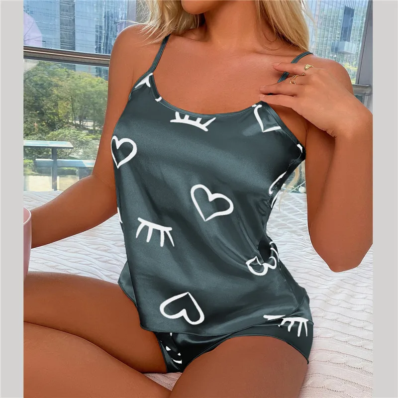 Sexy Heart Print Pajama Set Women'S 2 Pieces Sleepwear Pyjamas Silk Satin Cami Top And Shorts Pajamas Summer Pajamas Set