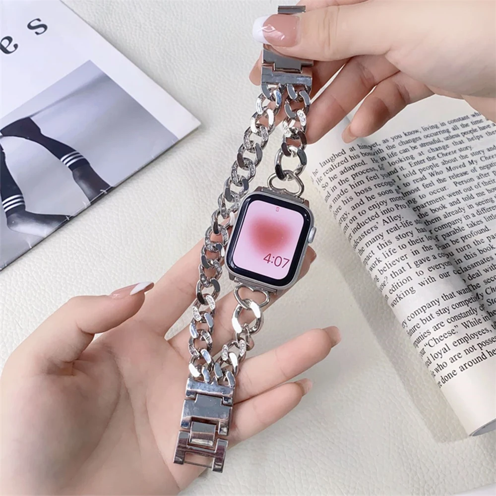 Gourmette Metal Double Strap for Apple Watch Ultra 8 7 49 41 45mm Women Metal Band Tour for IWatch Series 6 5 4 Se 40 44 38 42mm