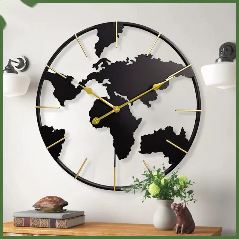 

60cm Large Modern 3D Wall Clocks World Map Retro Round Home Decor Metal Iron Accurate Silent Nordic Living Room Clock Ornaments