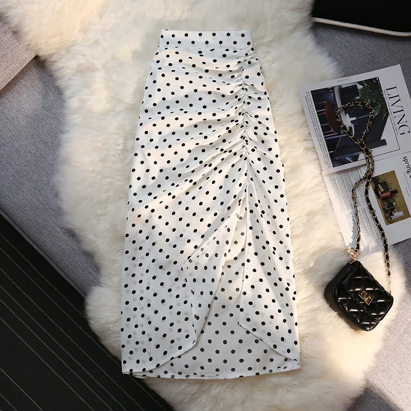 Женская шифоновая юбка в горошек повседневная черная или белая с высокой талией