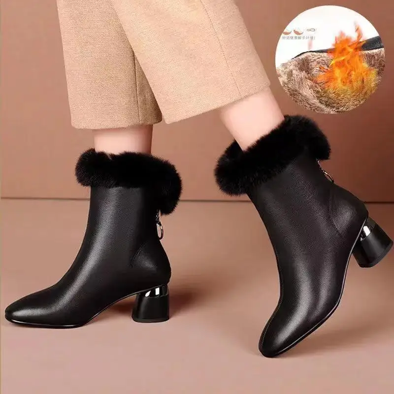 Boots Women Faux Leather Shoes For Winter Boots Plush Shoes Women's Casual PU Leather Botas Mujer Female Mid Calf Boots