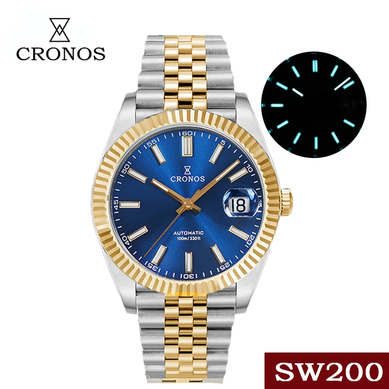 

Cronos Date Luxury Men Dress Gold Watch Stainless Steel 5 Links Bracelet Copper-Nickel Platinum PVD Bezel 100m Water Resistant