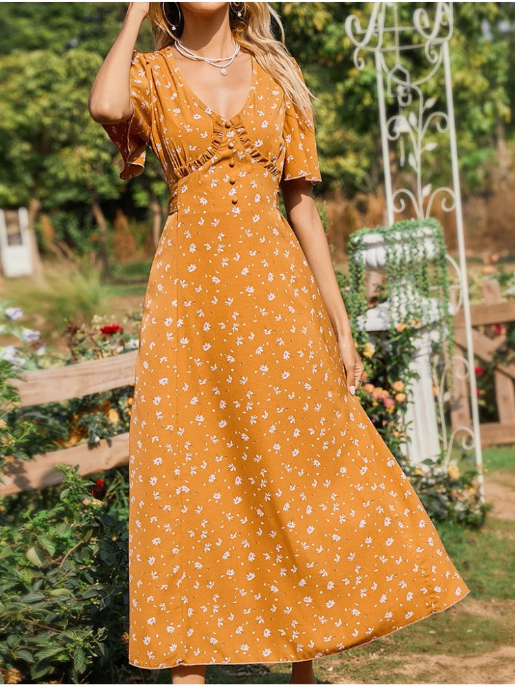 

Женское винтажное платье с V-образным вырезом, коротким рукавом и принтом