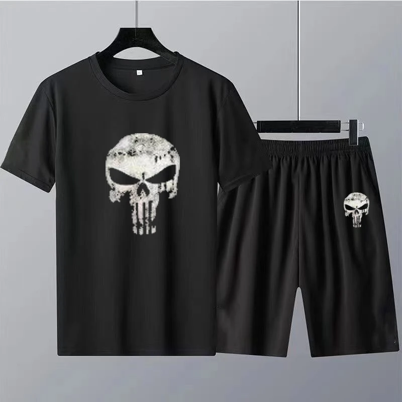Summer Men T-Shirts 2 Piece Set Skull Skeleton Print 100% Cotton Short Sleeve Tracksuit Women T Shirt and Shorts Free Shipping