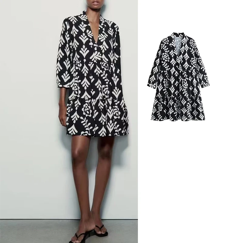 

TRAF 2023 New Print Short Dresses Long Sleeve Mini Dress Woman Summer Ruffle Loose Women's Dress Casual Boho Beach Dress