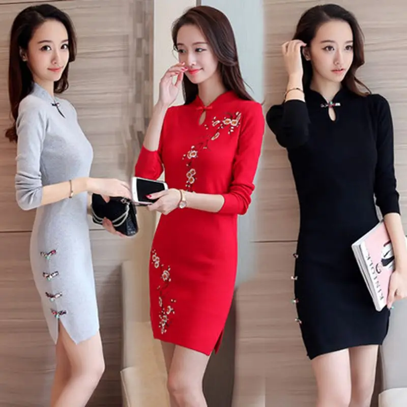 

2021 Sale Vestido Qipao Modern Chinese Style Improvement Cheongsam Dresses Long Bridesmaid Elegant Young Girls Sleeves Daily