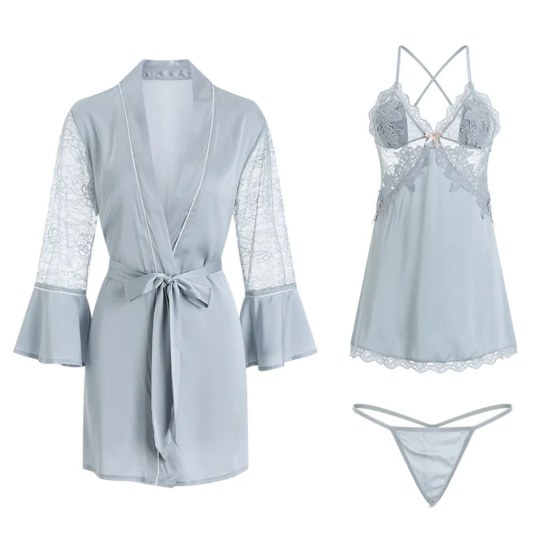 

Satin Silk Sleepwear Set Women Sexy Pajamas Lace V-neck Sling Straps Skirt Nightgown Long Sleeve Robe Night Wear Women Sets Pjs